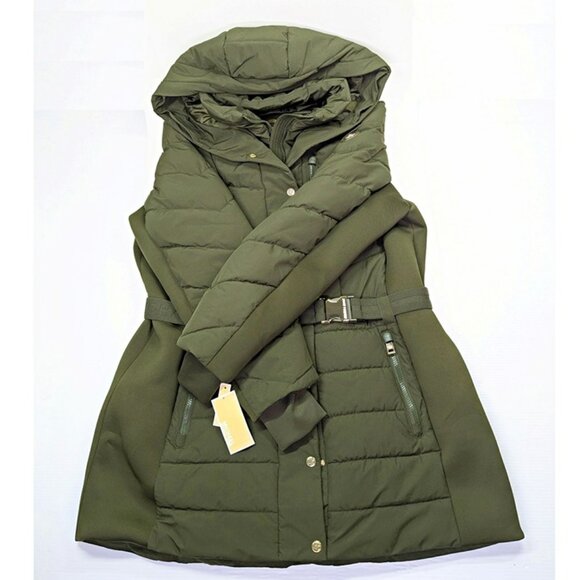 Michael Kors Women's Plus Size Belted Olive Hooded Puffer Coat Size 1X MSRP $350 - Picture 1 of 9